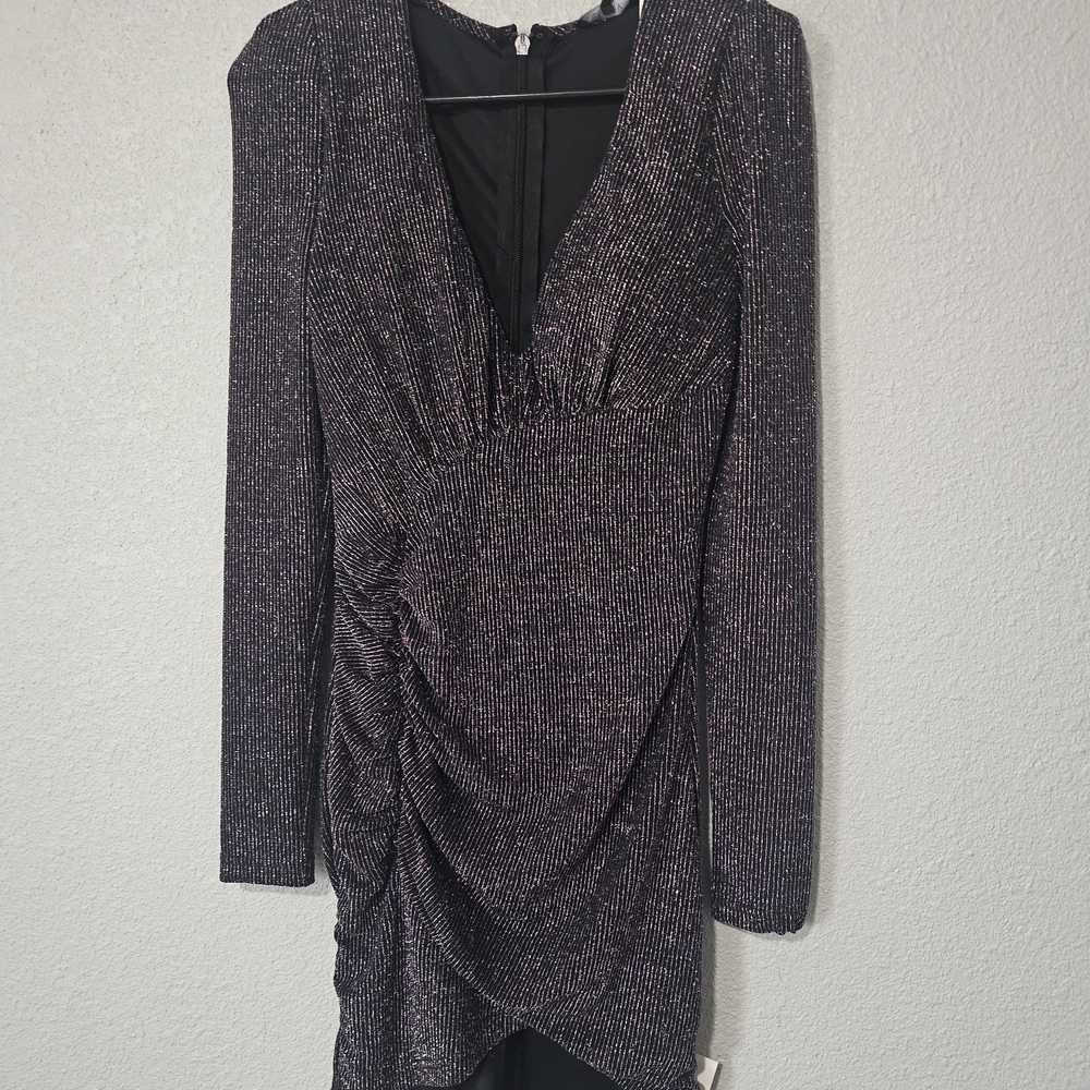 Entry Long Sleeve Ruched V-Neck Shimmer Dress - Black with Silver Sparkle